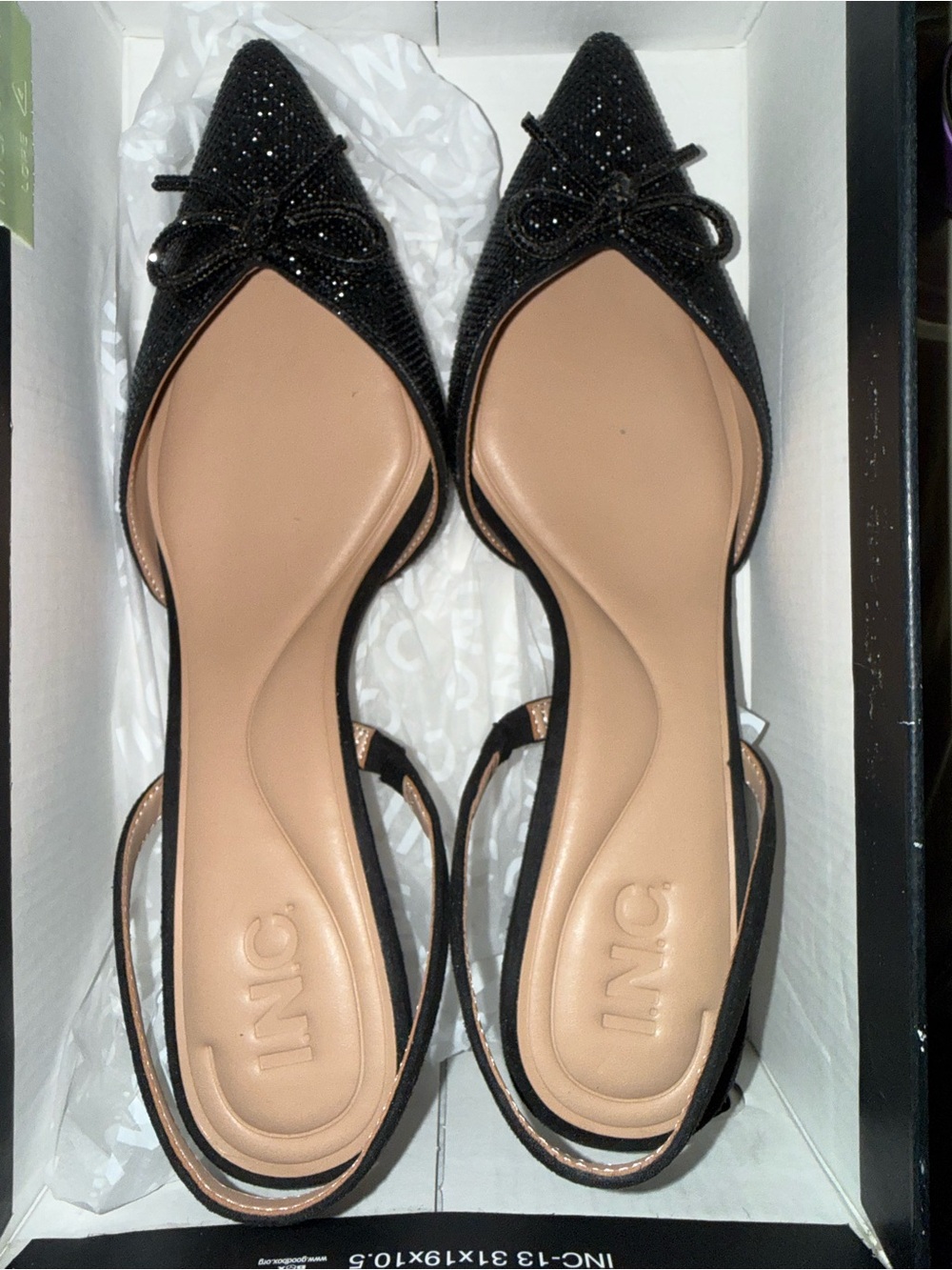 INC International Concepts Black Pointed Slingback Heels with Bow Accent - Picture 3 of 8